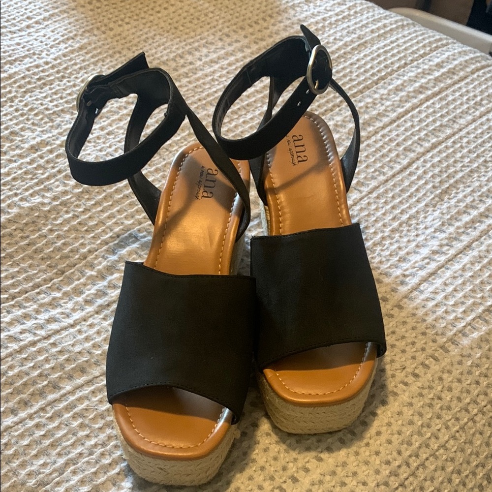 Ana (a new approach) Black Wedge Sandals Size 9